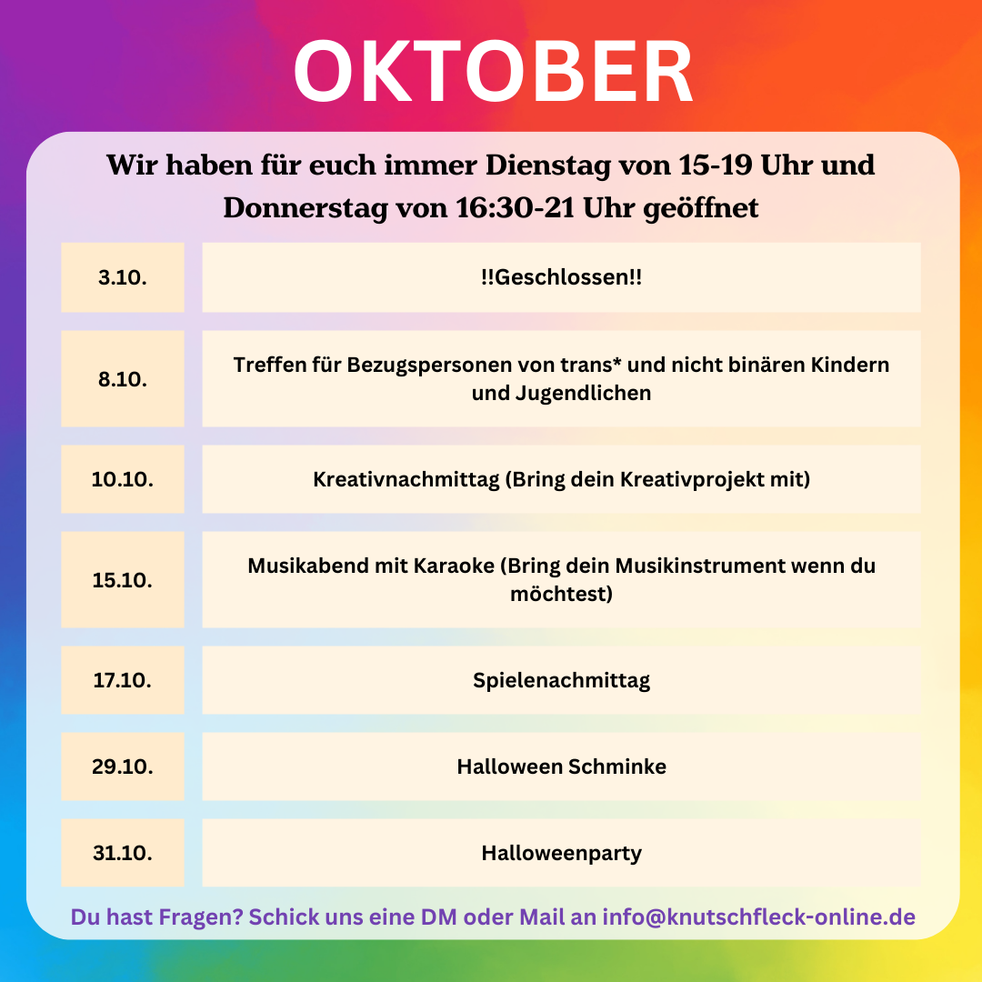 Hier ist das Programm für den Oktober in einem Sharepic dargestellt. Im Beitrag zum Bild sind alle Informationen aus ddem Bild zu finden.